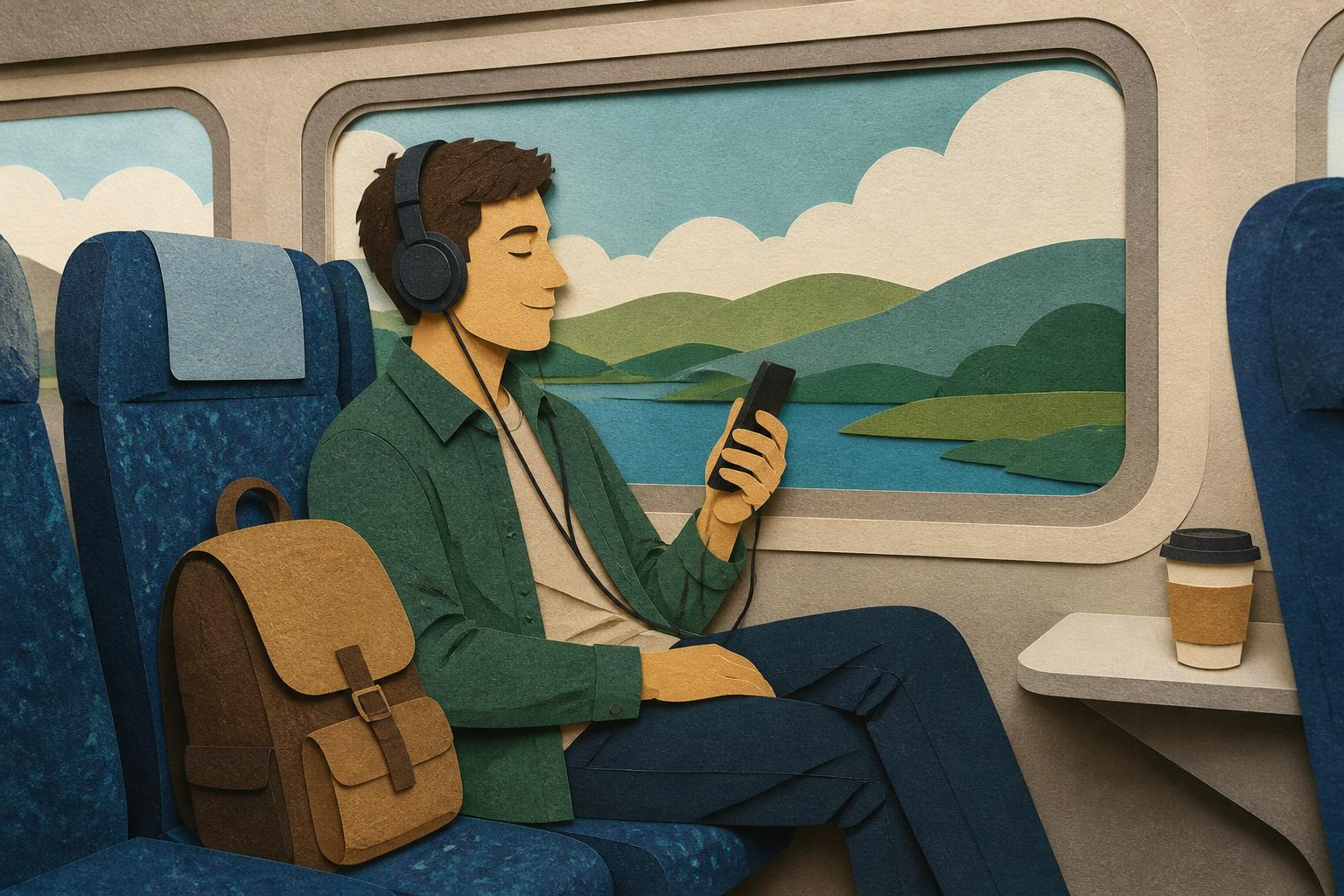 Employé écoutant résumé Blinkist dans les transports