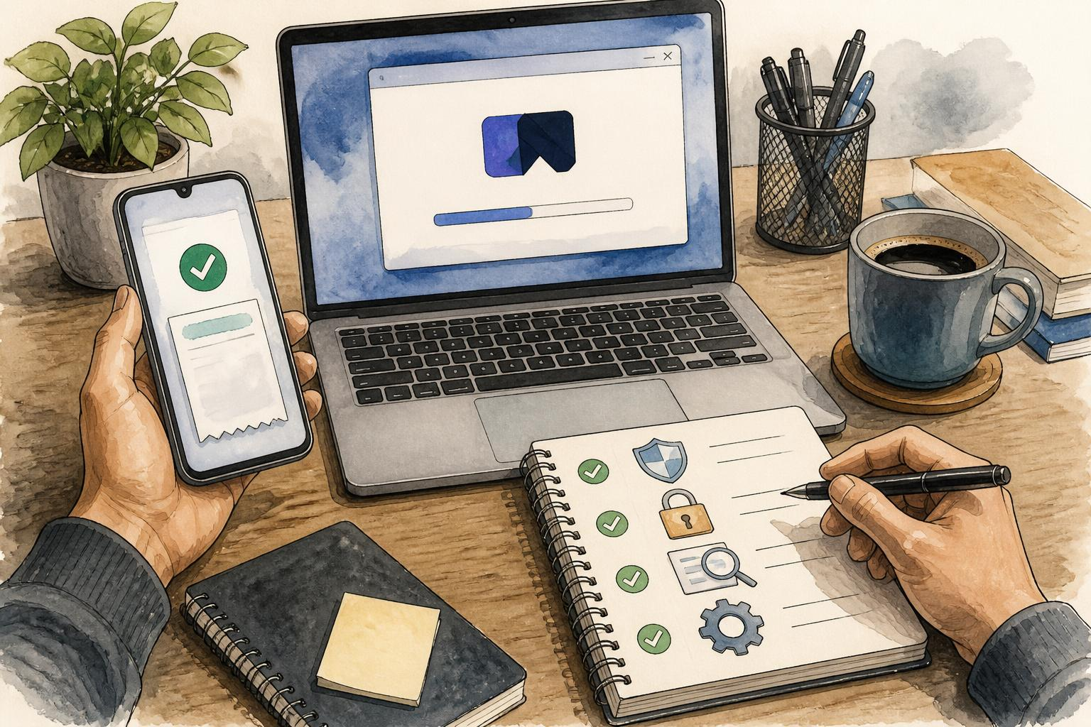 Mesa de trabajo con pantalla de instalación, teléfono mostrando la factura y cuaderno