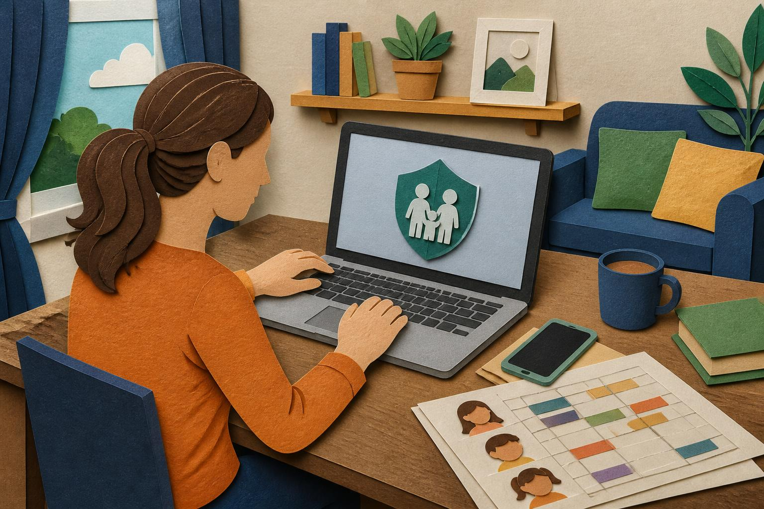 Parent installant un contrôle parental sur un ordinateur portable avec un smartphone à côté