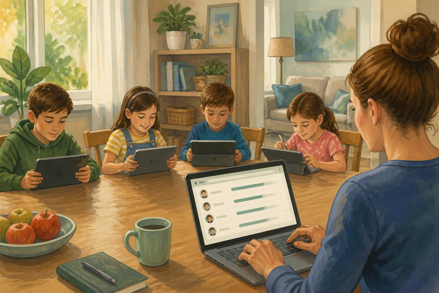Family at dining table with multiple devices showing app limits and schedules