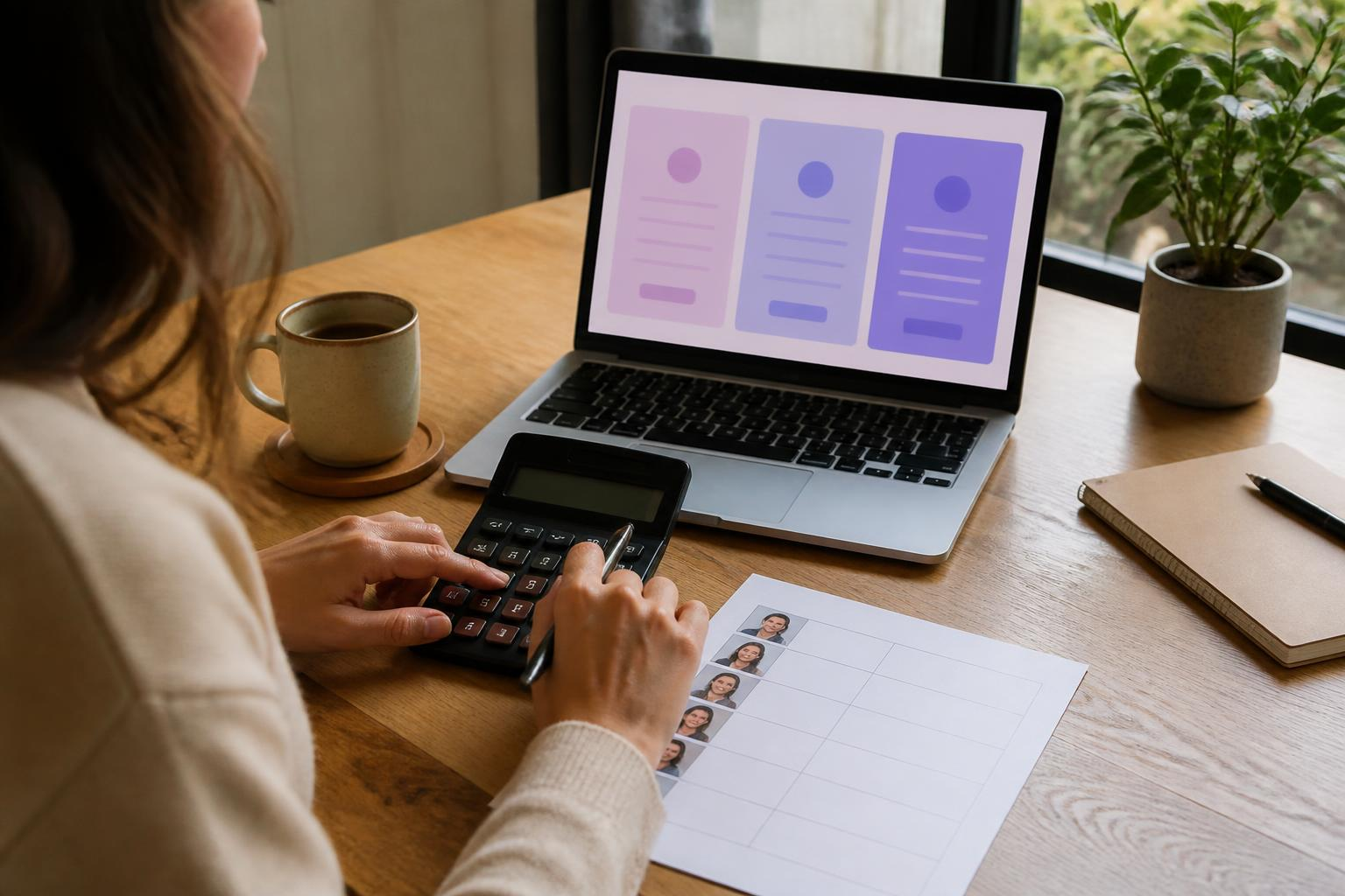Persona comparando precios en pantalla con calculadora y lista de clientes