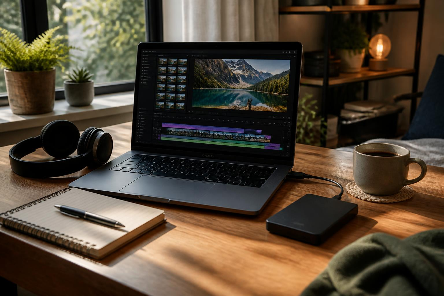 Edición de vídeo en un portátil con auriculares y libreta