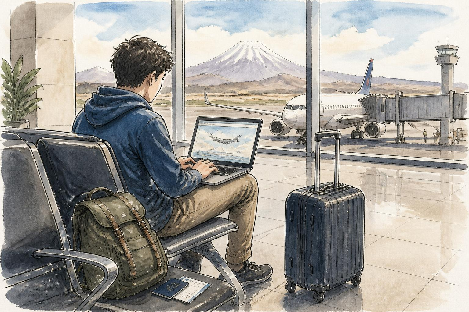 Viajero comparando tarifas en portátil dentro del aeropuerto