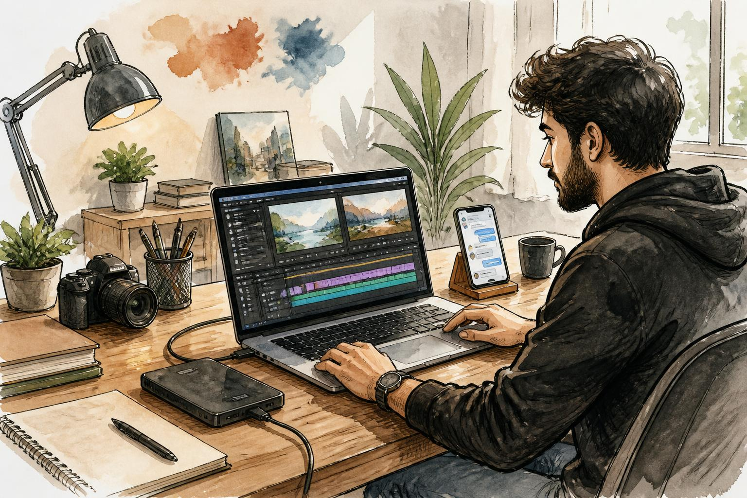 محطة عمل محرر فيديو مع لابتوب وفيديو مفتوح في Filmora