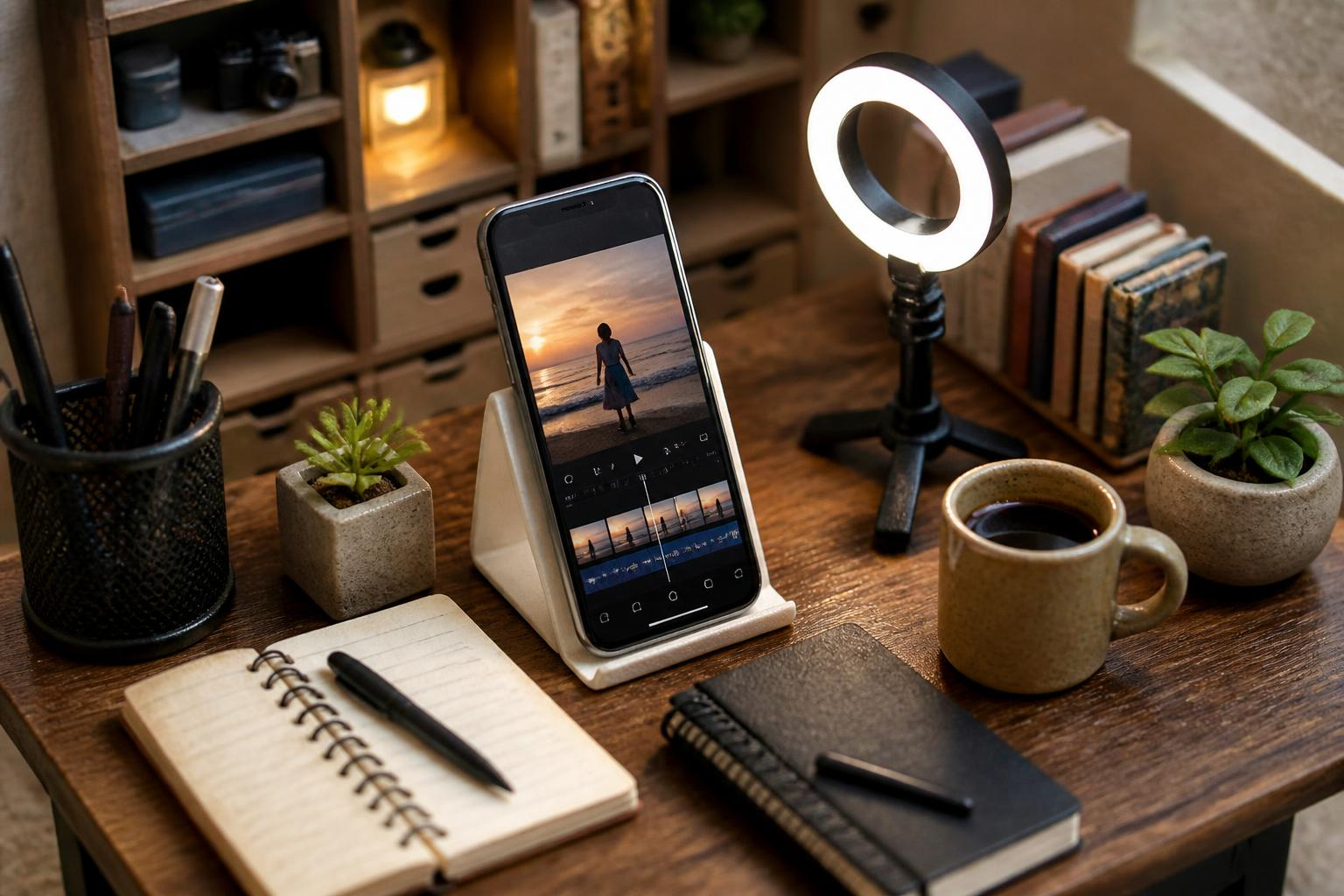Close up of phone showing a vertical short video being edited side by side with notes and a small ring light