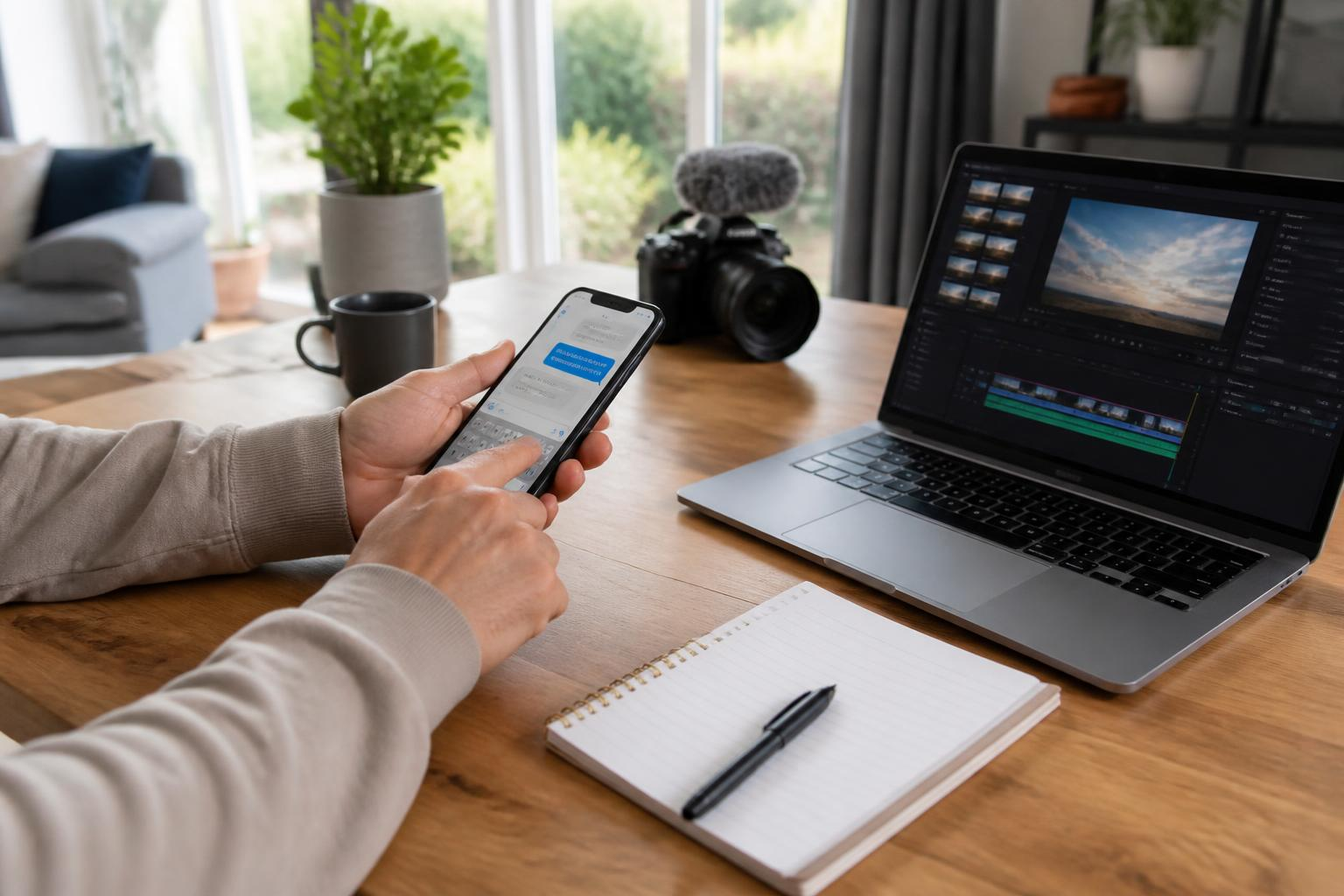 Hand met smartphone die een DM verstuurt naast laptop met projectlijst