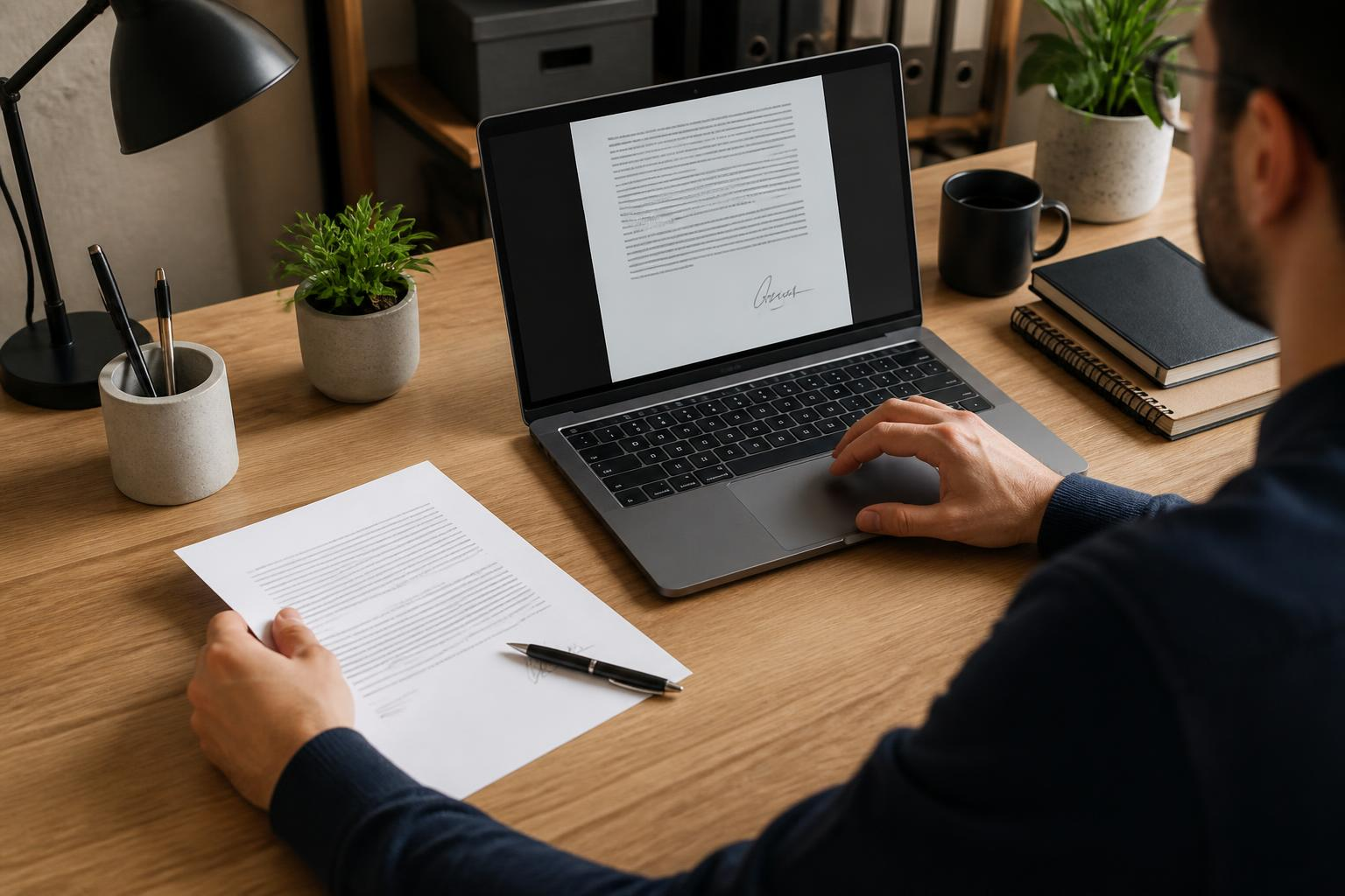 Osoba podpisująca dokument na laptopie