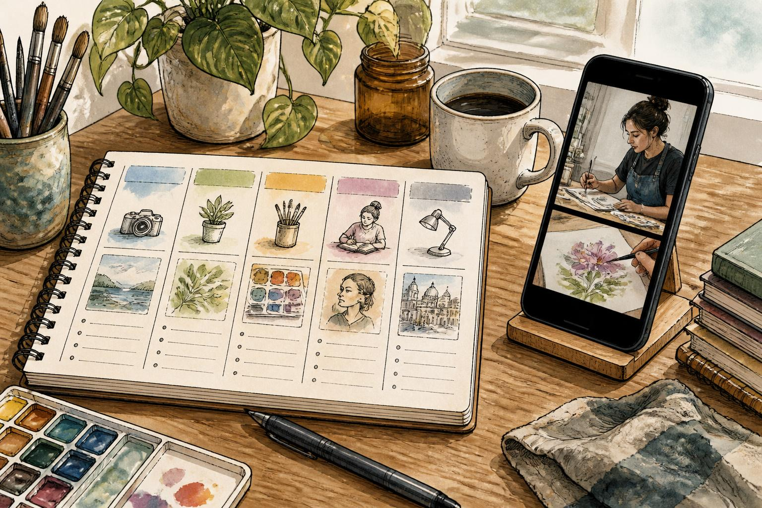 Notizbuch mit Lernplanung neben Smartphone
