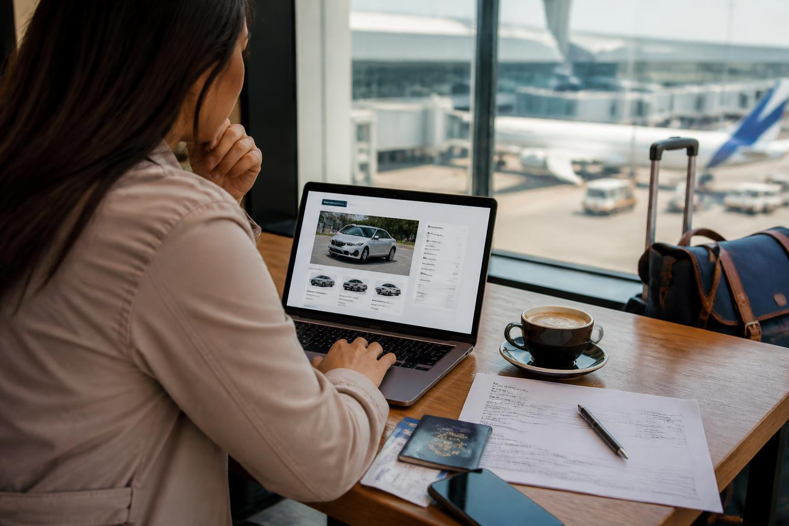 Traveler checking detailed booking breakdown on laptop with printed itinerary