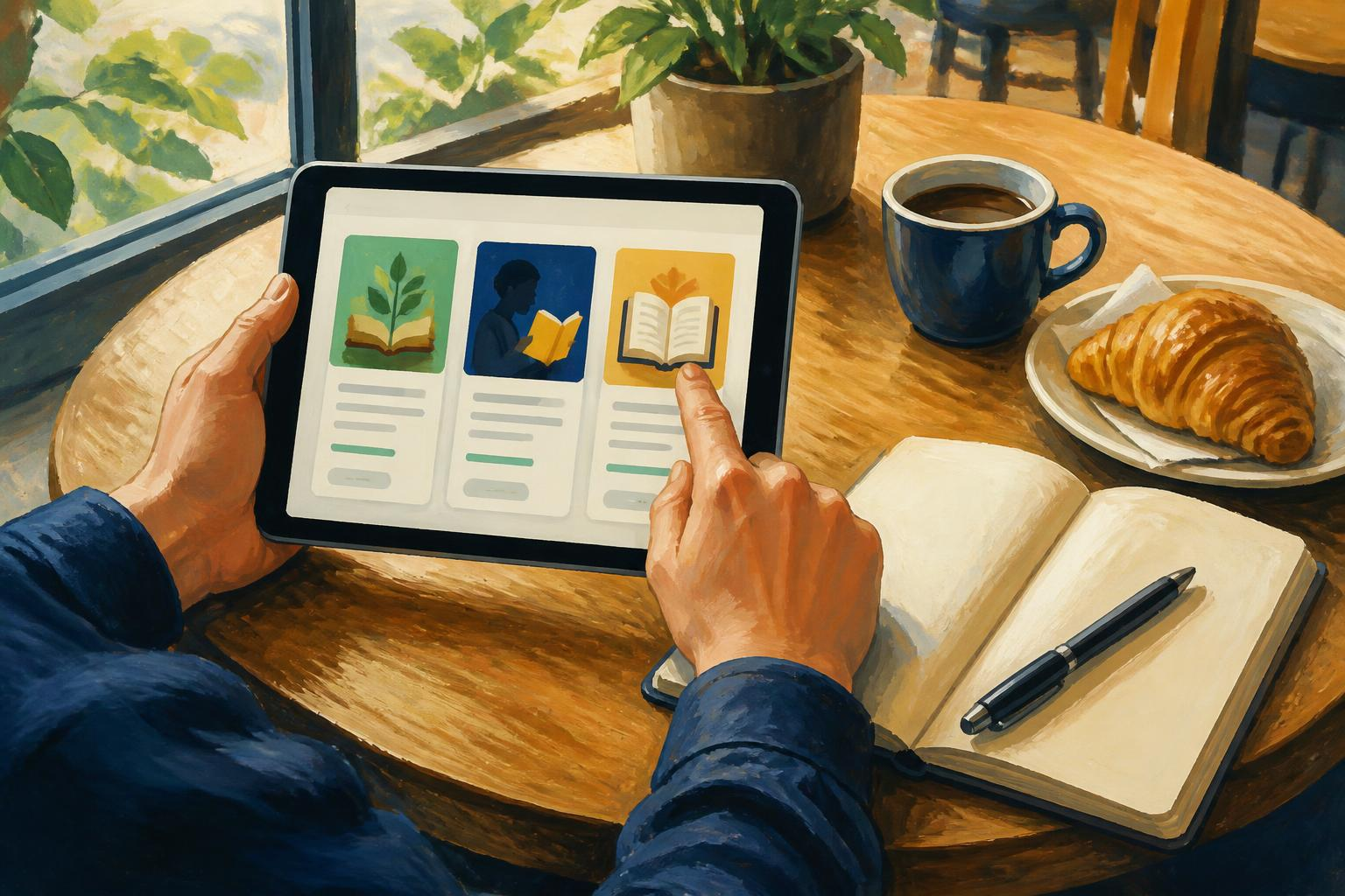 Persona comparando apps en una tablet y un cuaderno