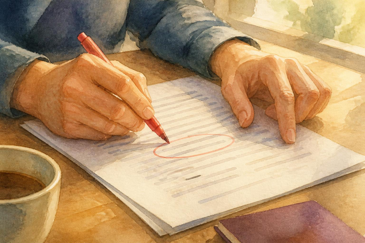 Close-up of hands circling an action item in a transcript printout during a small meeting