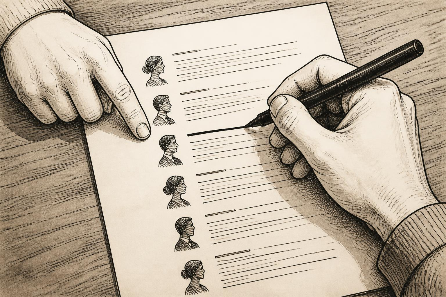 Hands marking a printed transcript while a meeting chair watches