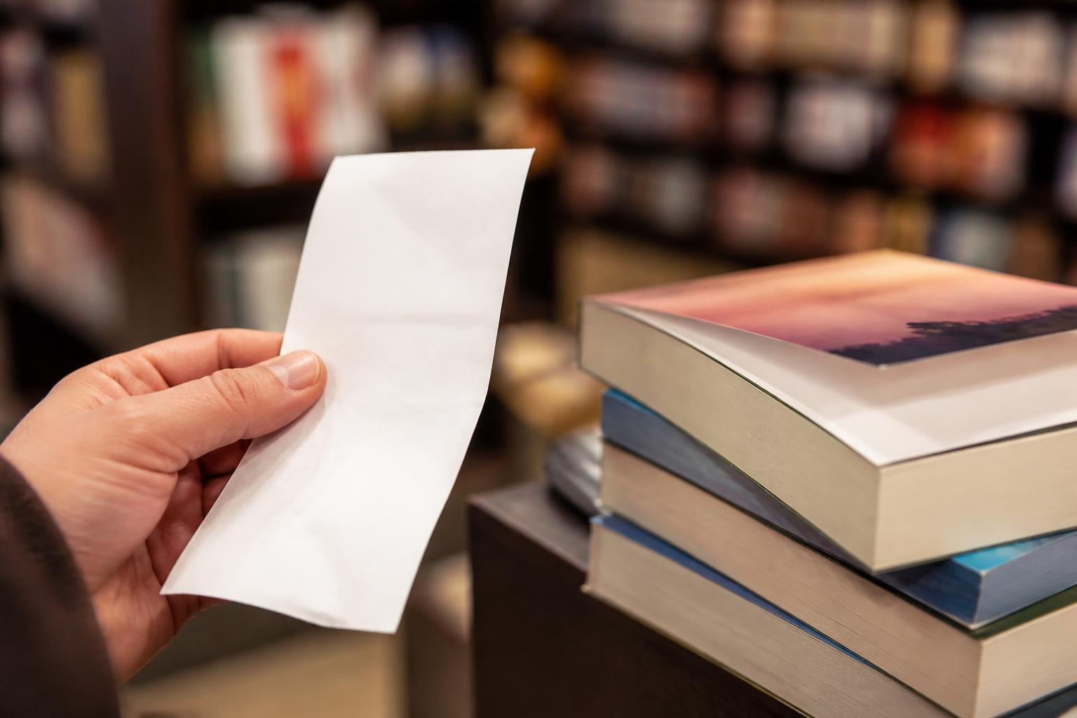 Pembaca memeriksa resi pengambilan di dalam toko buku lokal