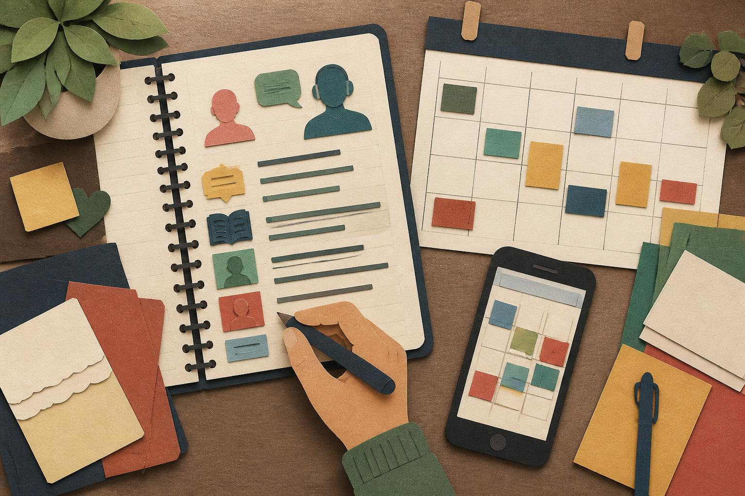 Teacher preparing a 45-minute lesson plan on paper next to a calendar and smartphone