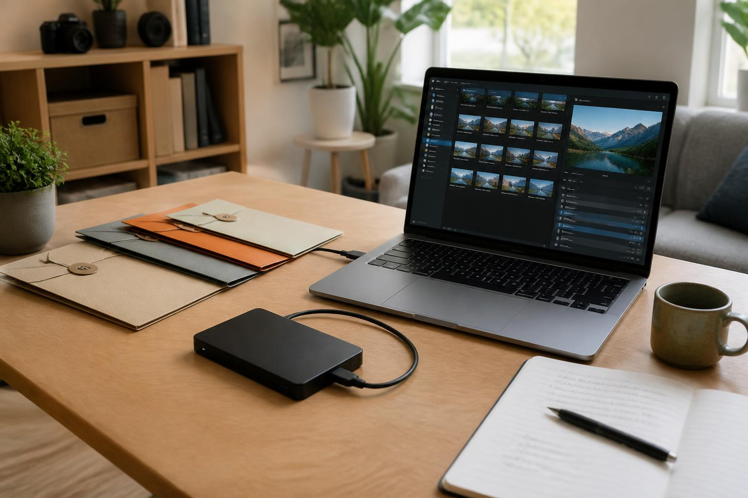 Arbeitsplatz mit externer Festplatte und Projektordnern neben Laptop