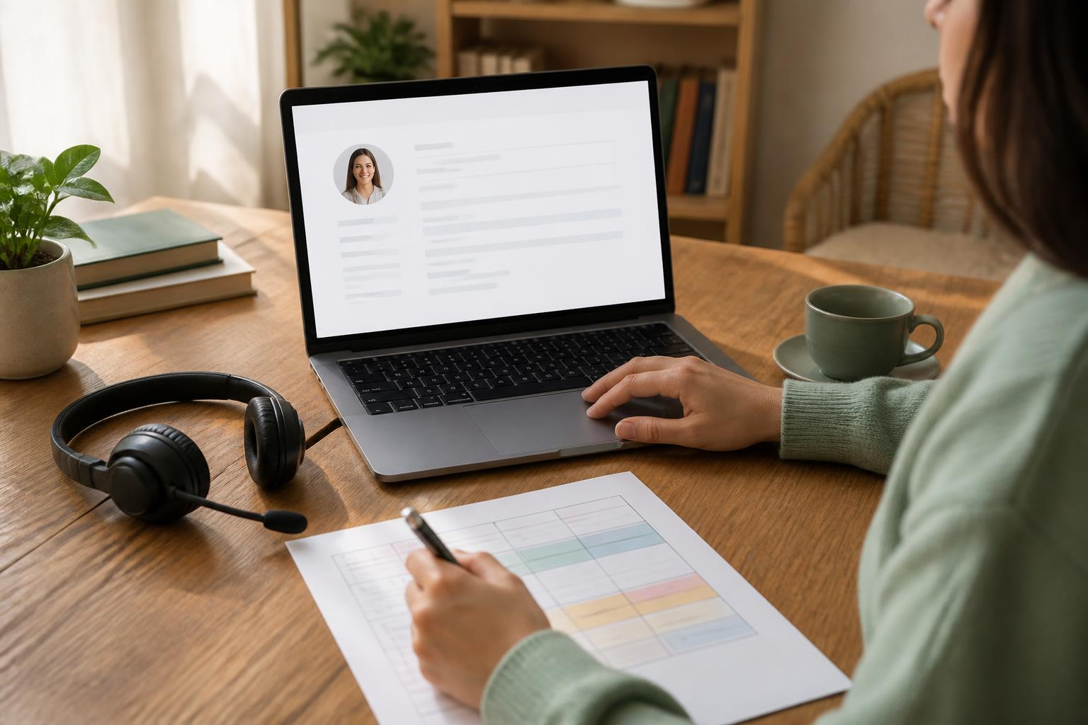 Tutor profile setup on laptop with notes and headset
