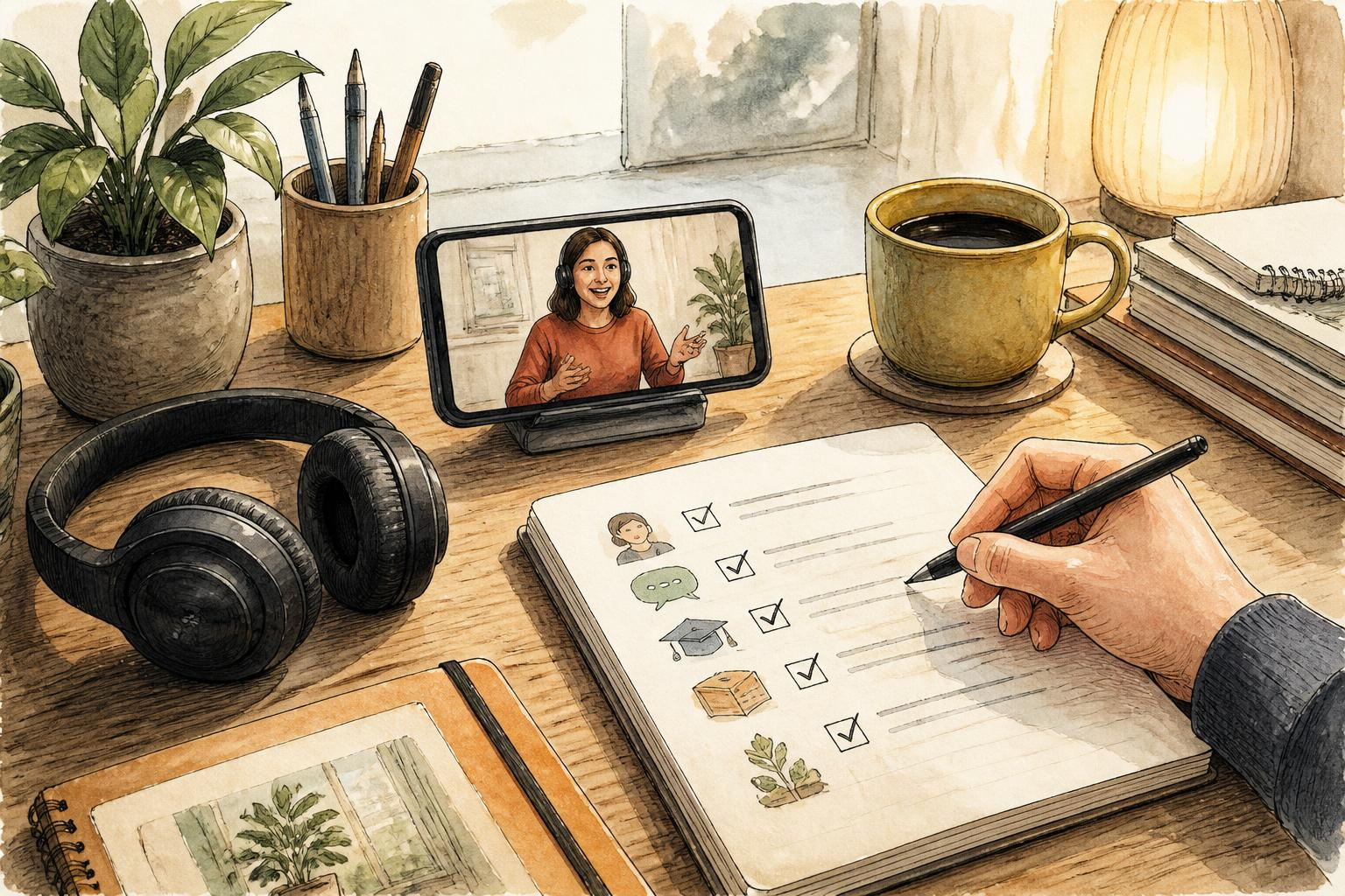 Mesa com fone, smartphone mostrando chat com professor e caneca de café