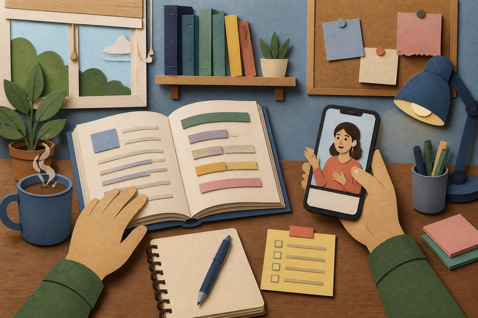 مكتب دراسة مرتب يتضمن كتاب قواعد وقائمة أهداف صغيرة وهاتف يعرض صفحة الدرس