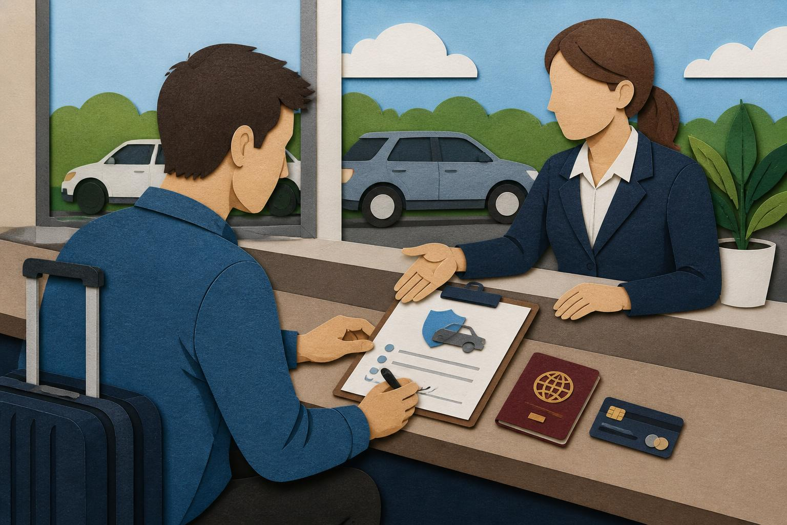 Person signing insurance upgrade form at car rental desk with passport and credit card