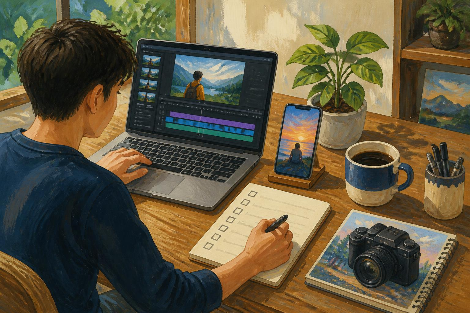 Một laptop mở Filmora trên timeline với điện thoại hiển thị video ngắn và sổ ghi chú bên cạnh
