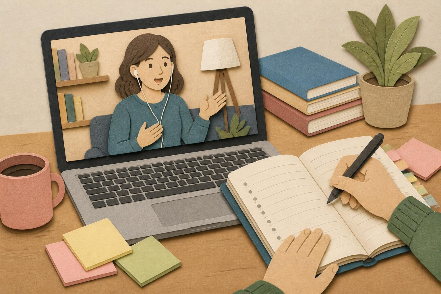 学習者がレッスン録画を再生してノートを取る様子