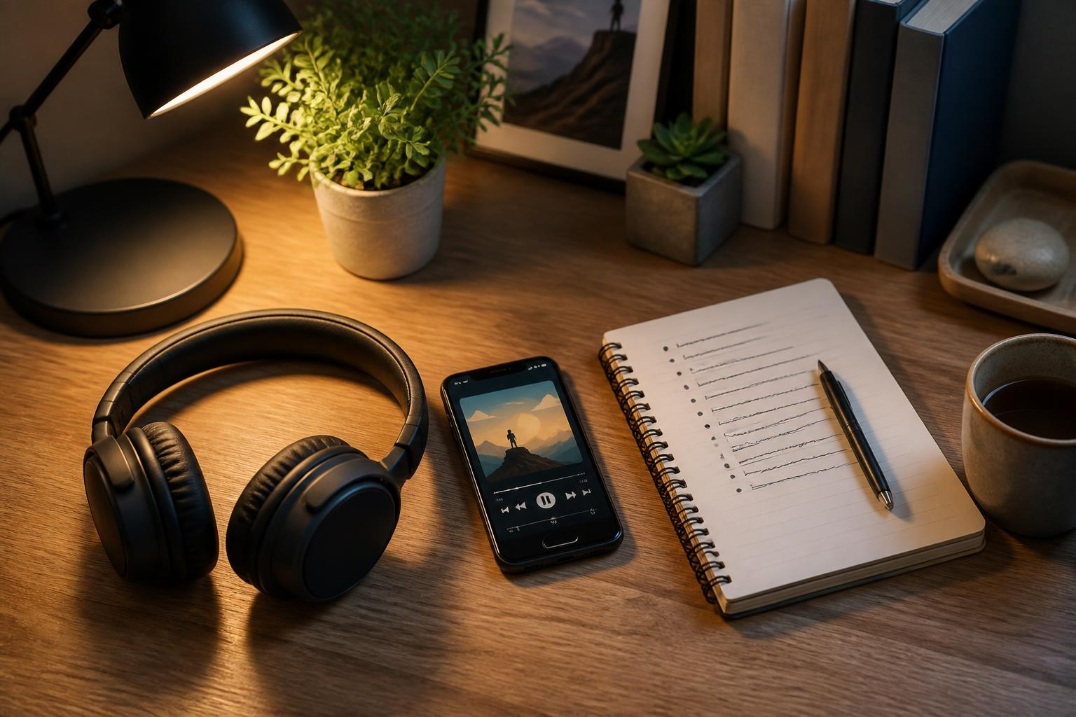 Persona escuchando un audiolibro con auriculares y tomando notas