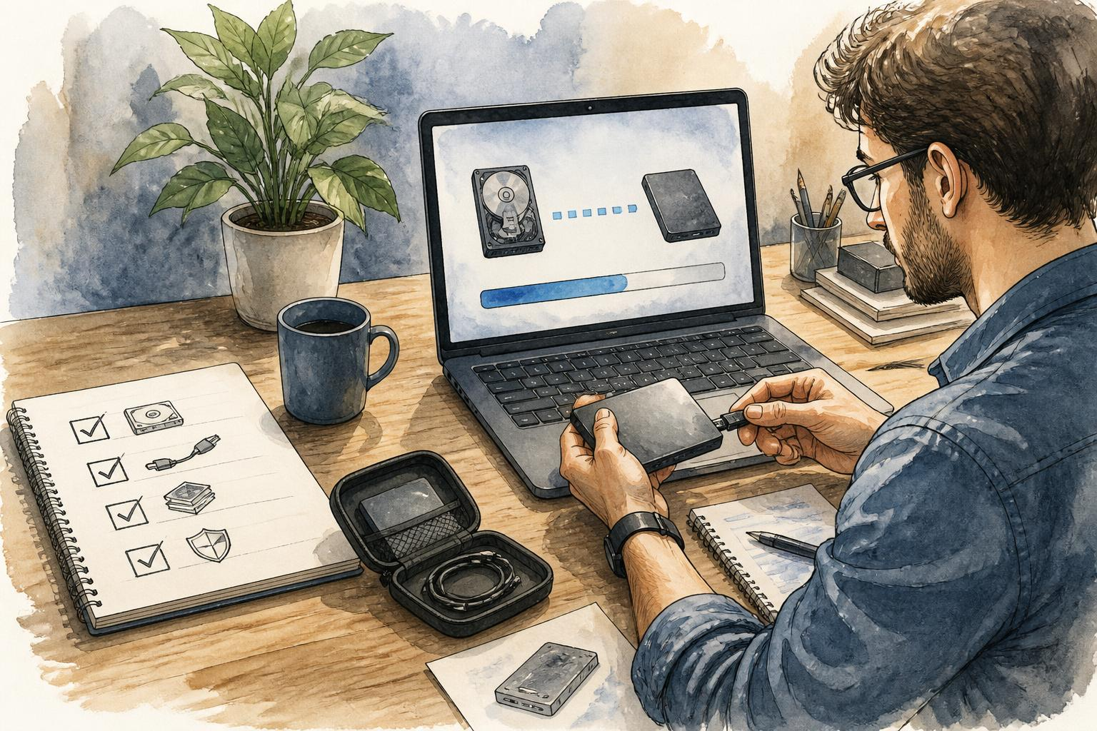 Рабочая сцена с ноутбуком и внешним SSD