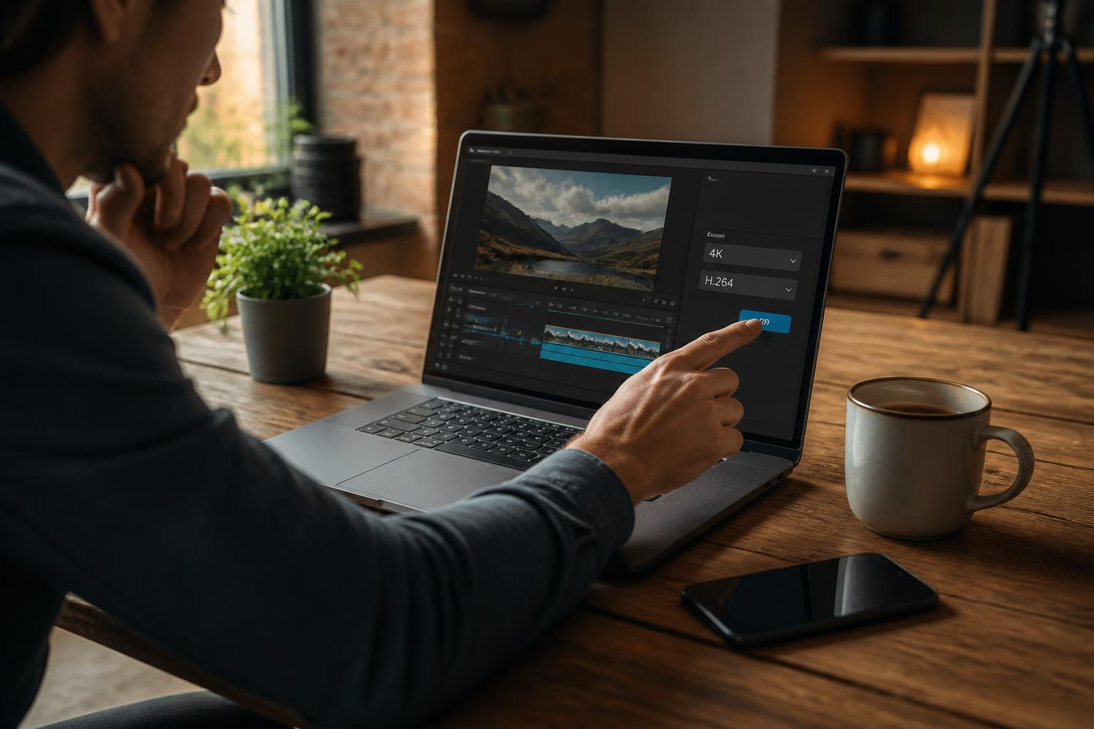 Użytkownik eksportujący klip 4K z ustawieniami kodeka na ekranie laptopa