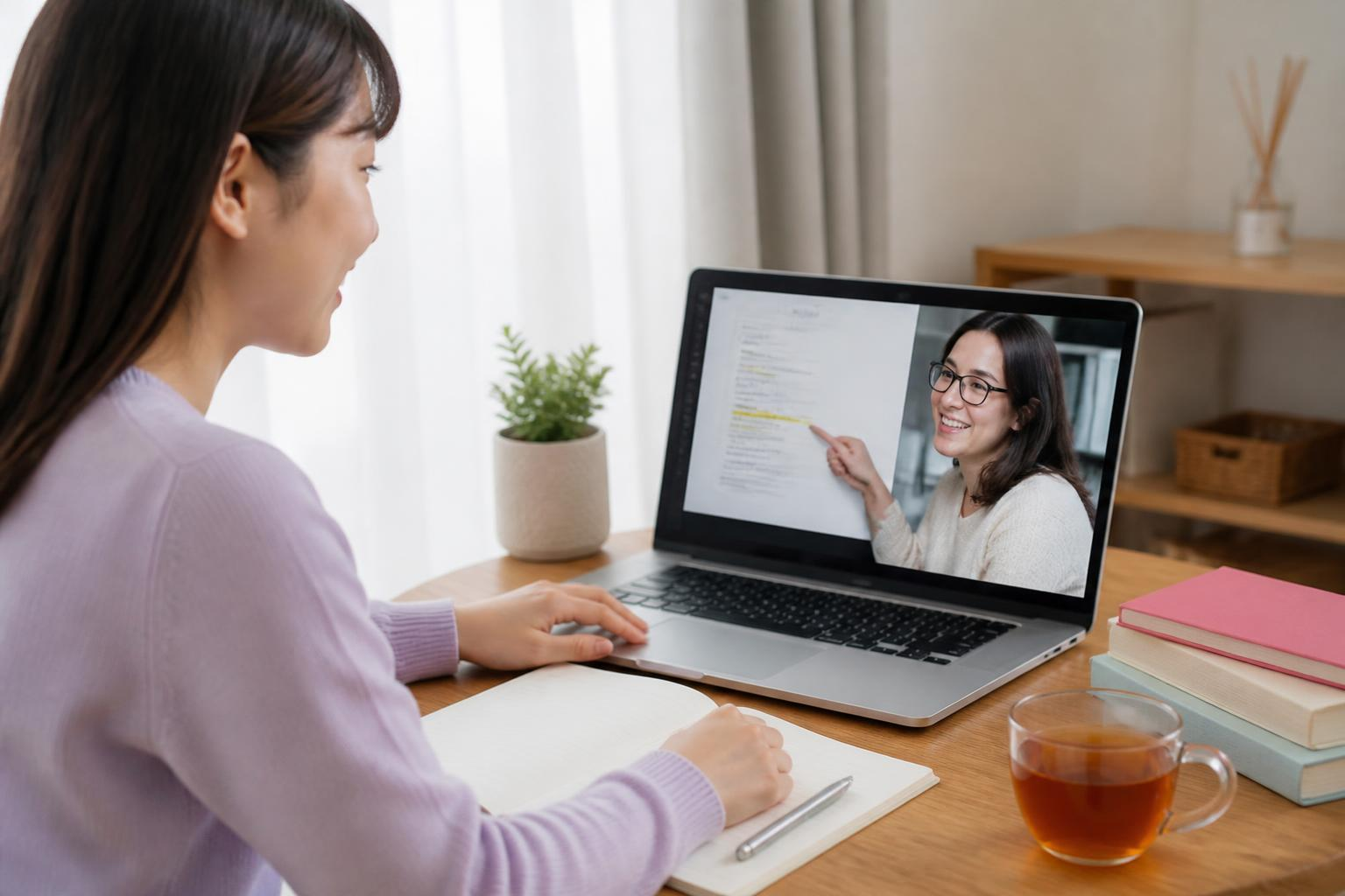 講師と生徒がパソコンで教材を共有している場面