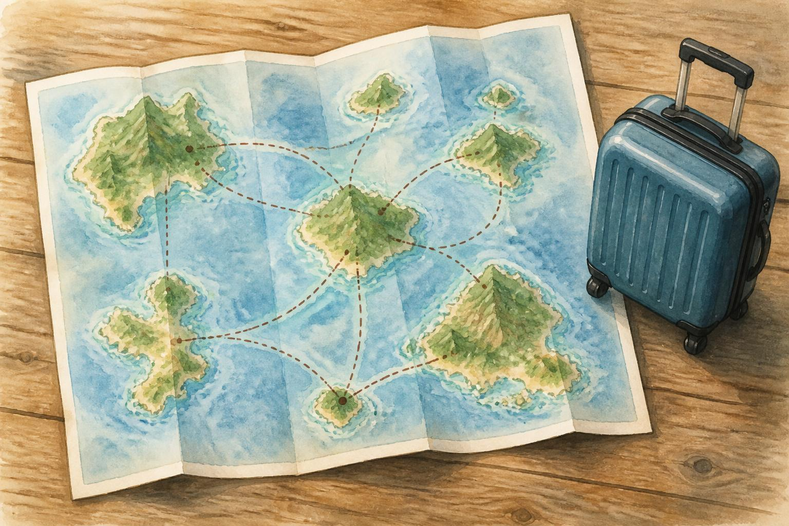 Ilustrasi peta rute dengan koper di samping
