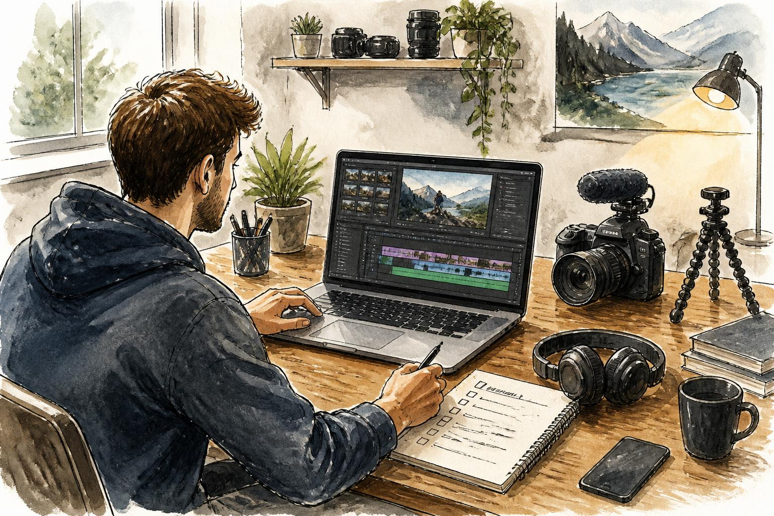 Werkstation met video-edit scherm en notities